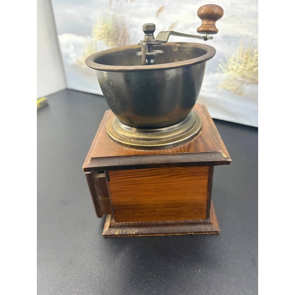 Vintage Wooden Manual Coffee Grinder Hand Crank Mill Rustic Kitchen Decor 8in